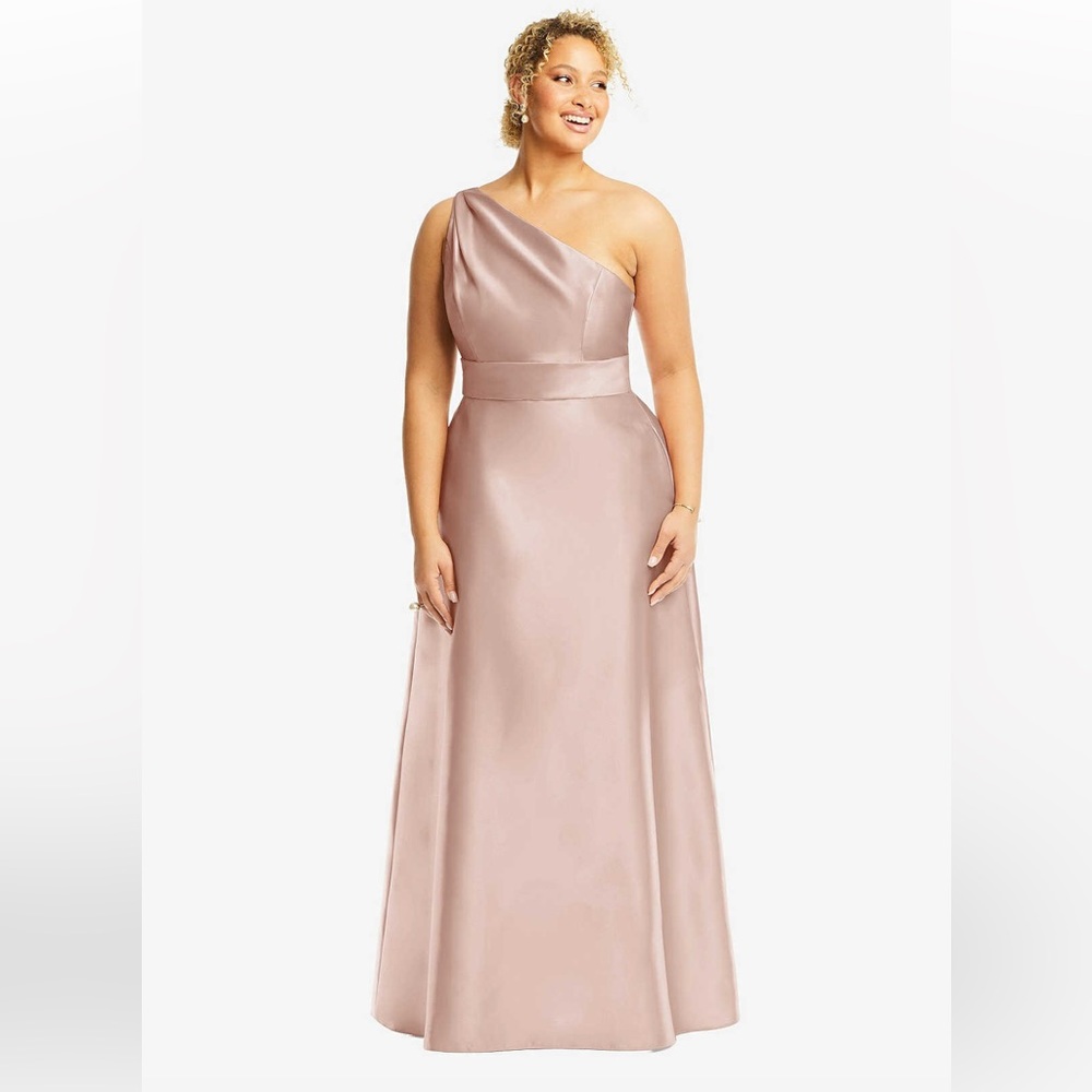 Alfred Sung Draped One Shoulder Satin Maxi Dress w/ Pockets Toasted Sugar